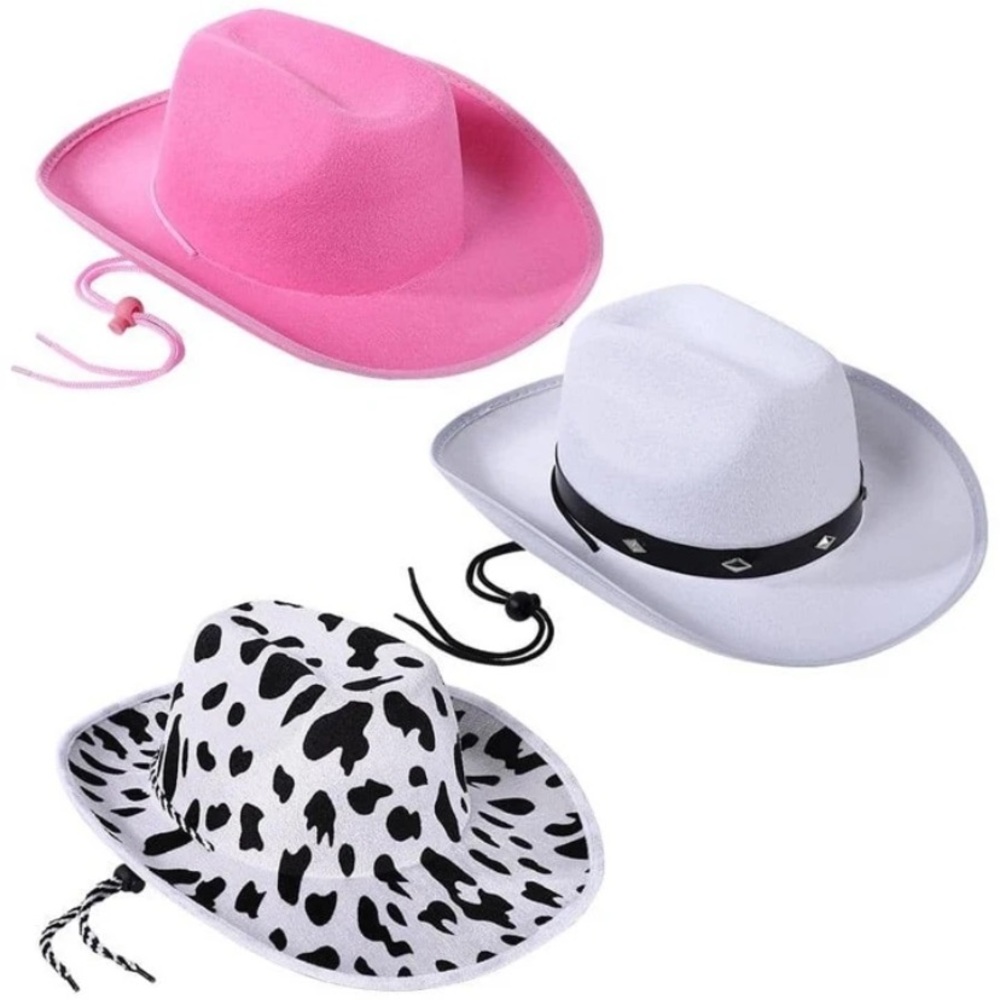 3 cowboy cowgirl hats. White, pink & cow print.